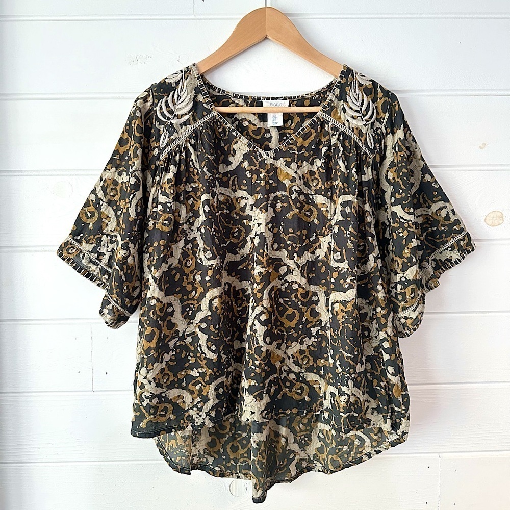 Sigrid Olsen Flowy Cotton V-Neck Boho Blouse with Crochet + Embroidered Detail S